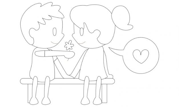 Online coloring book: Coloring book boy gives his friend a flower for Valentines Day